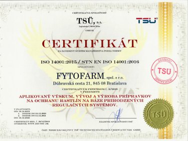 ISO 14001:2015 / STN EN ISO 14001:2016, Fytofarm s.r.o.